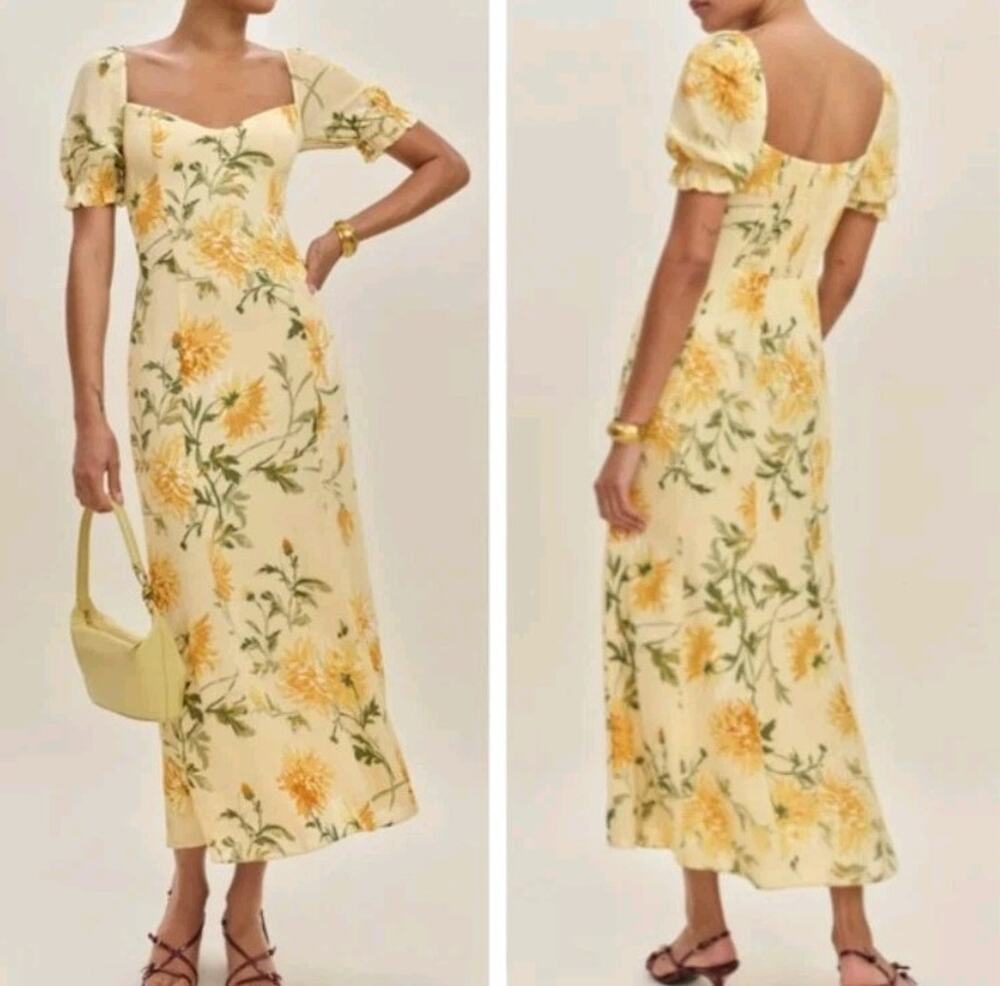 REFORMATION Gloria Dress Yellow Floral Chiffon Midi Size 12 Altered Sleeves